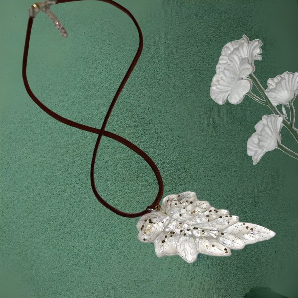 Hand Crafted Necklace Leaf Gold on Brown Faux Suede Cord Adjustable Silver - Picture 6 of 8